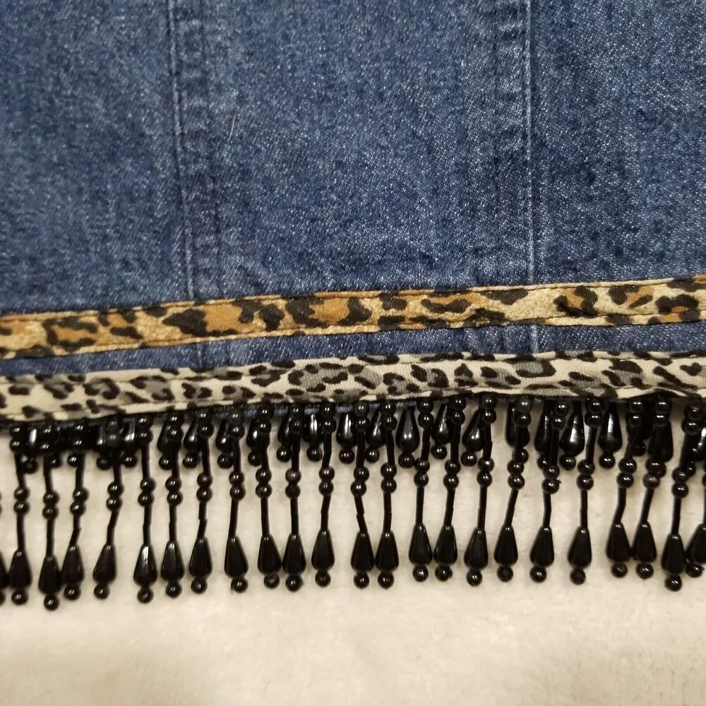 Vtg St. Joanne M/L Top Vest Blue Denim Leopard Beaded Fringe Boho Festival FLAW - Picture 2 of 9